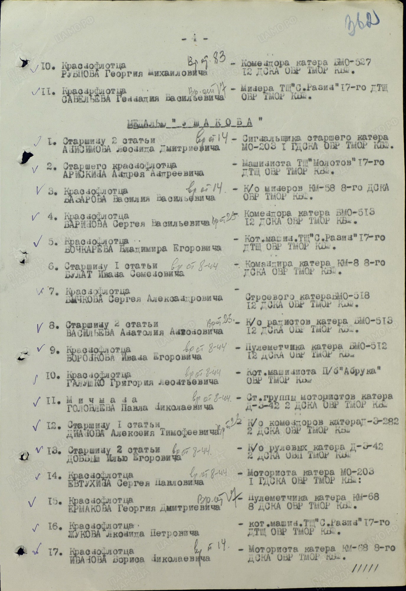 Приказ командира охраны водного района ТМОР от 06.11.1944, п.6 - командиру катера КМ-8, старшине 1 статьи Булат Ивану Семеновичу, 2 стр. Приказ командира охраны водного района ТМОР от 06.11.1944, п.6 - командиру катера КМ-8, старшине 1 статьи Булат Ивану Семеновичу, 2 стр.